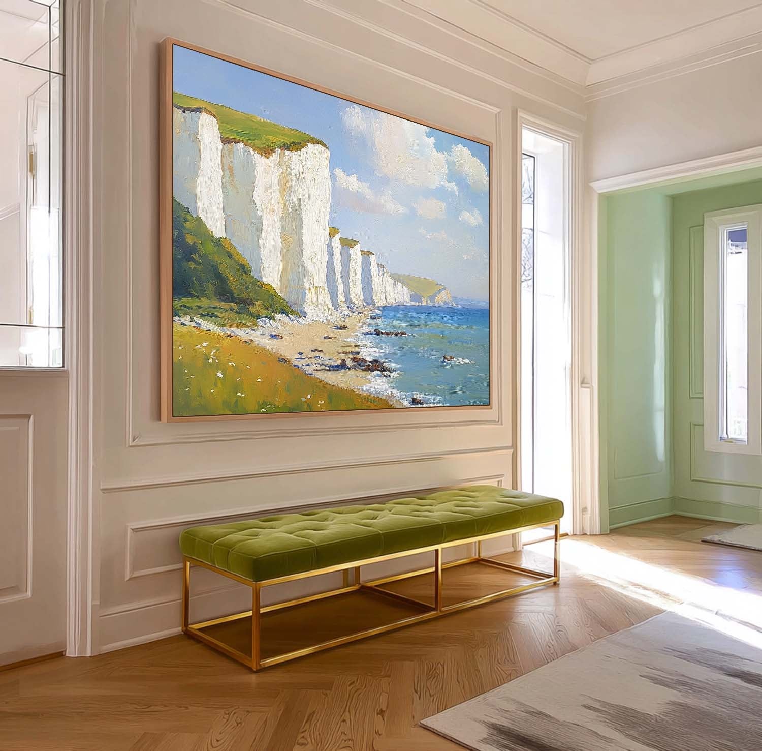 Abstract Tranquil Sea View Landscape White Cliffs And Coastal Scenery Painting Large Fresh Blues Wall Art