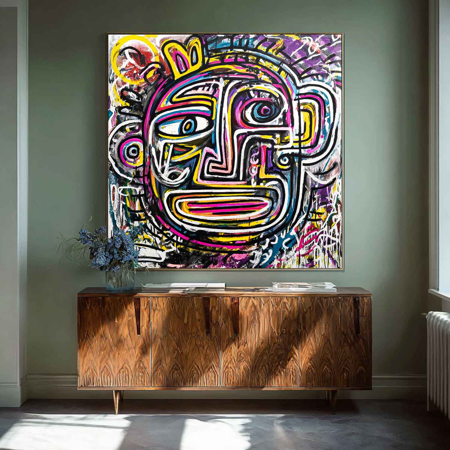 Large Graffiti Line Face Wall Art Original Colorful Face Painting Abstract Portrait Oil Painting On Canvas