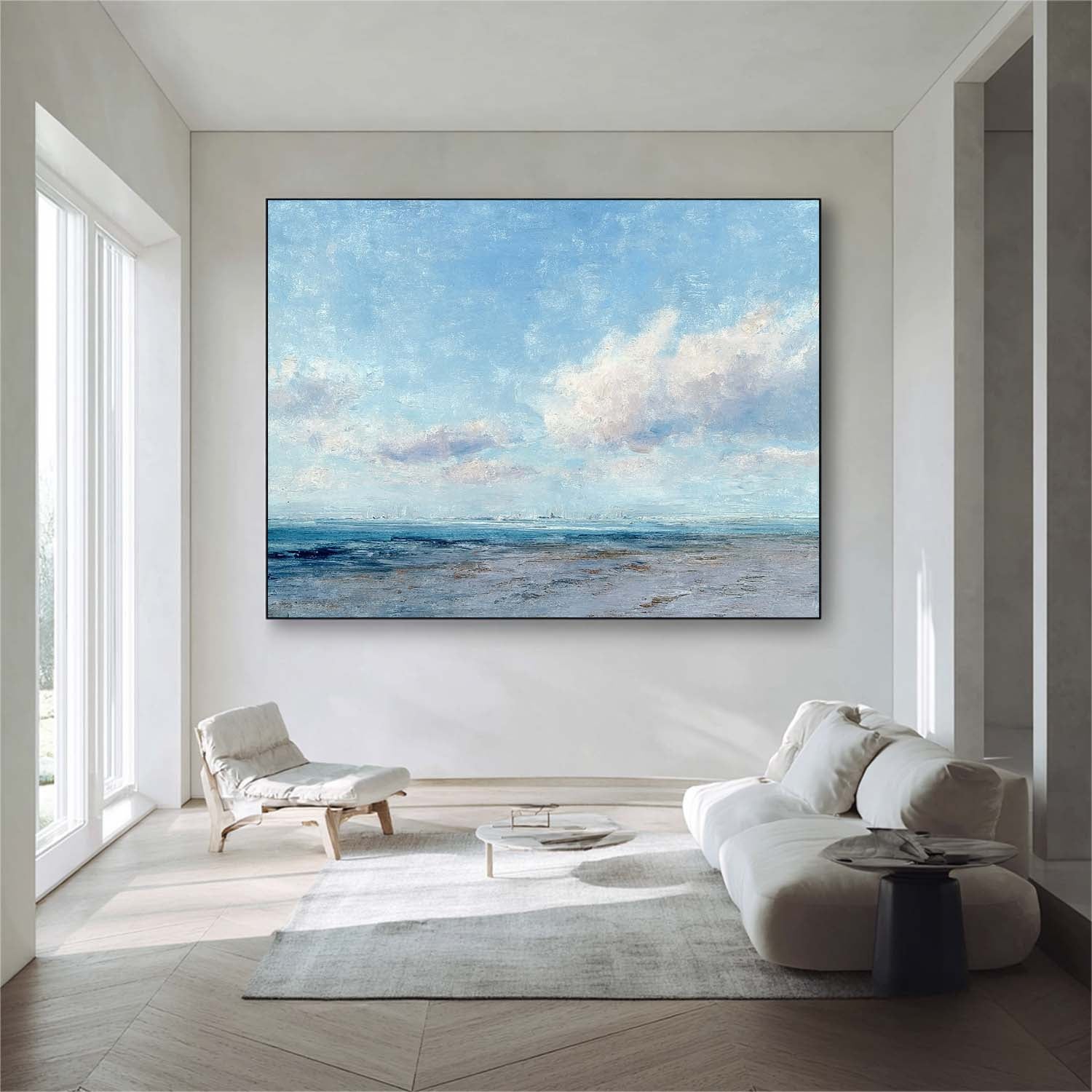 Abstract Tranquil Sea View Landscape Blue sky And White Clouds Painting Large Texture Scenery Wall Art