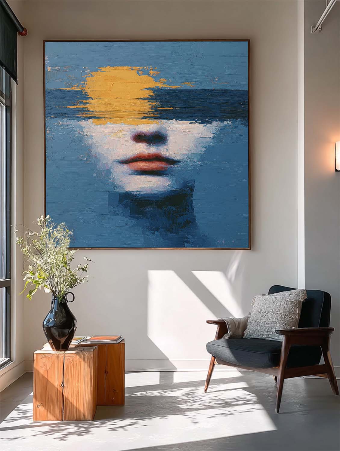 Abstract Soulful Face In Ocean Waves Oil Canvas Calming Blue-Yellow Wall Art For Boho Minimalist Home Decor