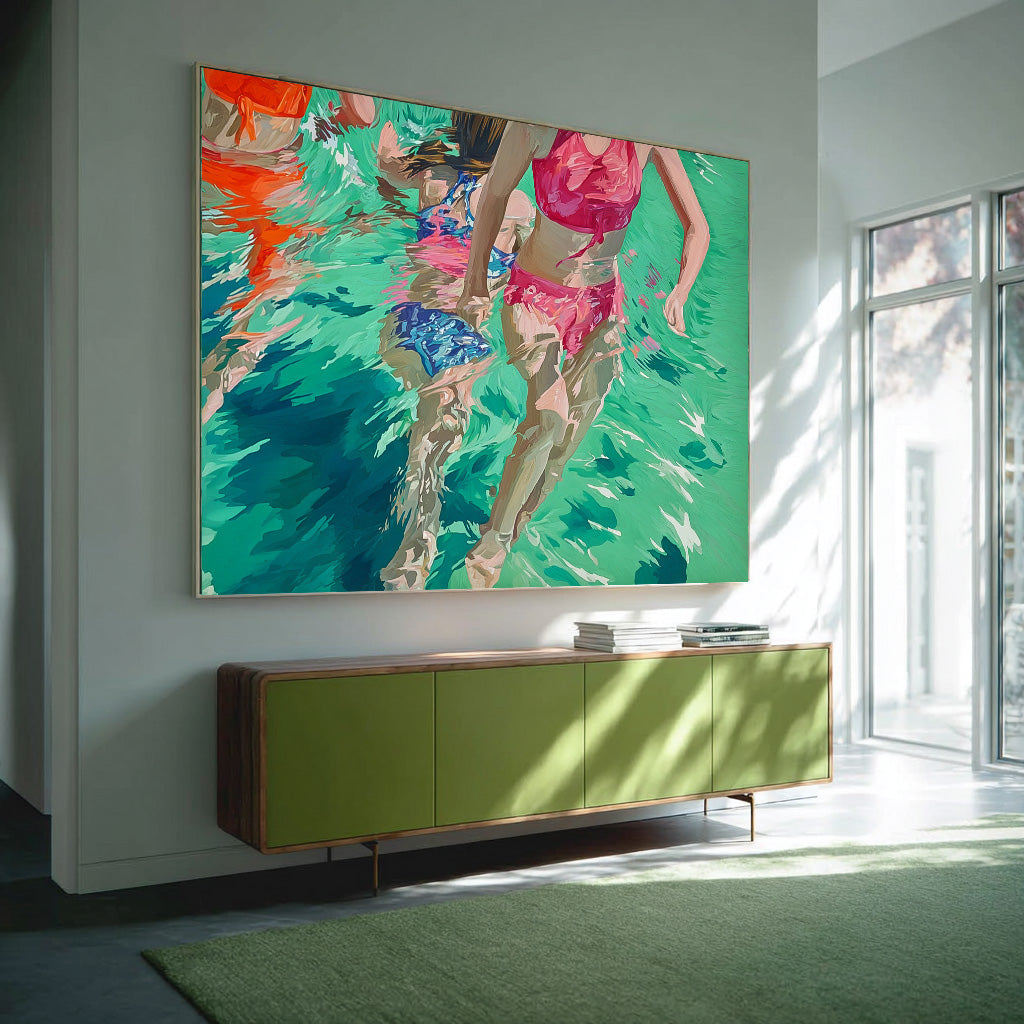 Original Girl Diving Oil Painting Diving In Ocean Sensual Woman Swimming Wall Art Abstract Colorful Artwork