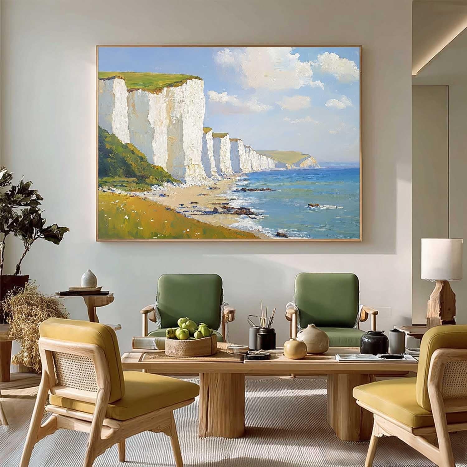 Abstract Tranquil Sea View Landscape White Cliffs And Coastal Scenery Painting Large Fresh Blues Wall Art