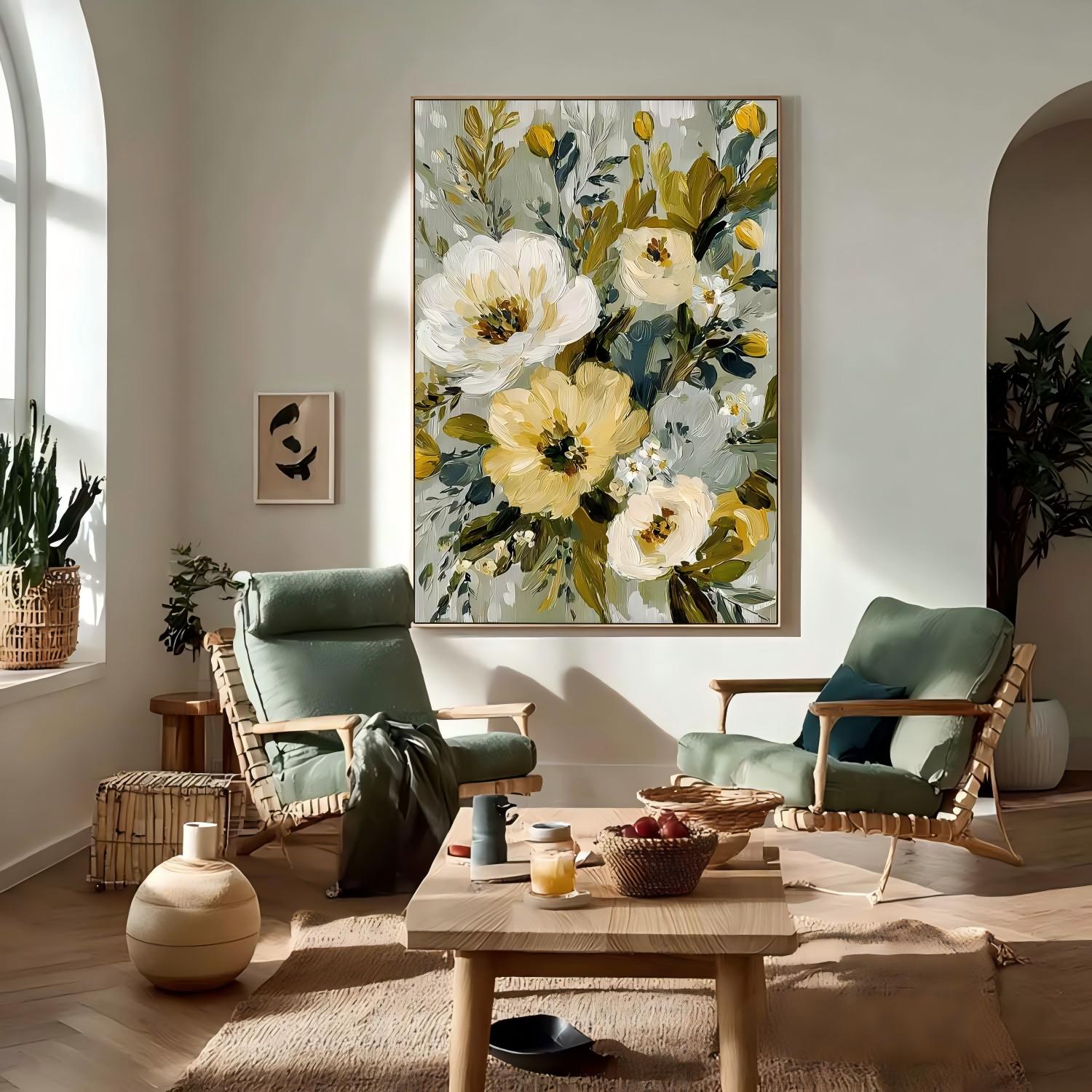 Vintage Floral Wall Art Textured Tulip Oil Painting Sage Green Impasto Botanical Flower Painting Antique Style 