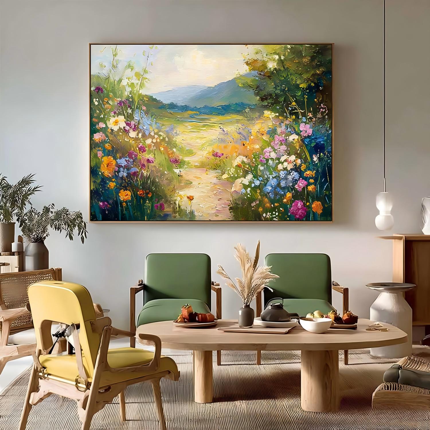 Impressionist Wildflower Meadow Landscape painting Textured Mountain Flower Field Artwork Rustic Nature Wall Art