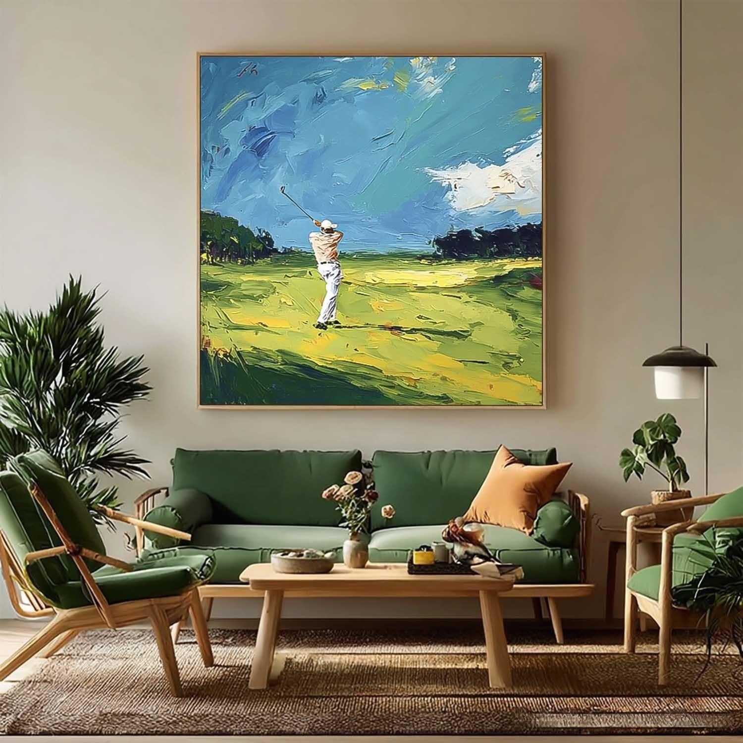 Square Textured Green Golf Course Art Contemporary Sport Decor Modern Golf Artwork Golf Lovers Gift