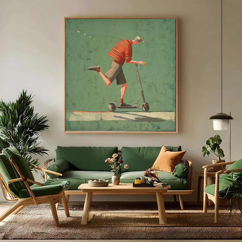 Landscape Green Wall Art Abstract Warm And Peaceful Atmosphere Minimalist Boy Riding A Scooter Painting