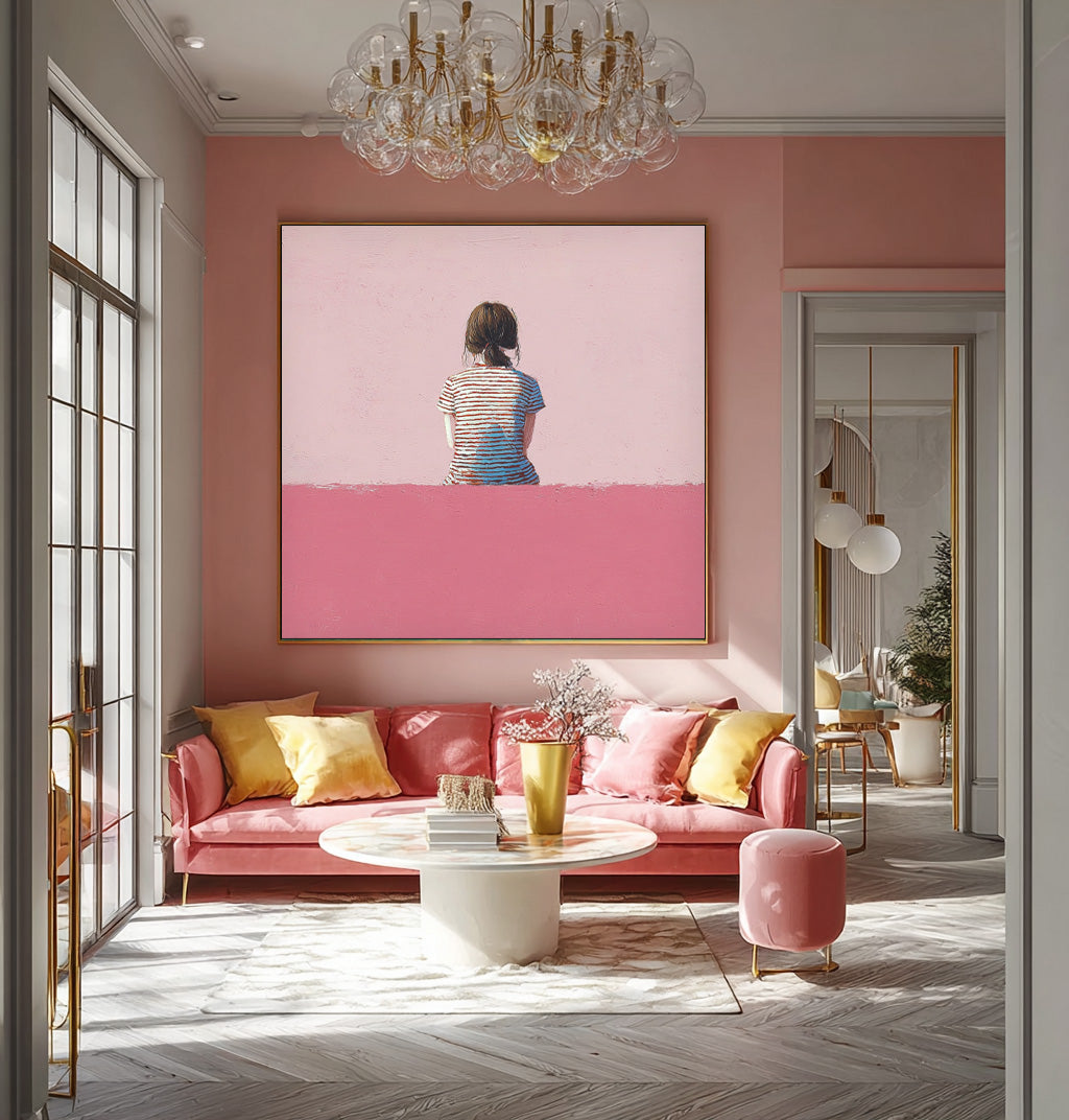 Abstract Warm atmosphere Art Minimalist Girl View Of Back Painting Pink Wall Art For Living Room
