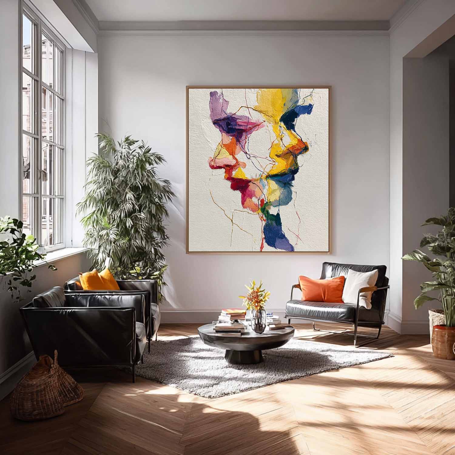 Large Graffiti Duet Figure Wall Art Abstract Side Face Painting Canvas Original Line Facial Features Artwork