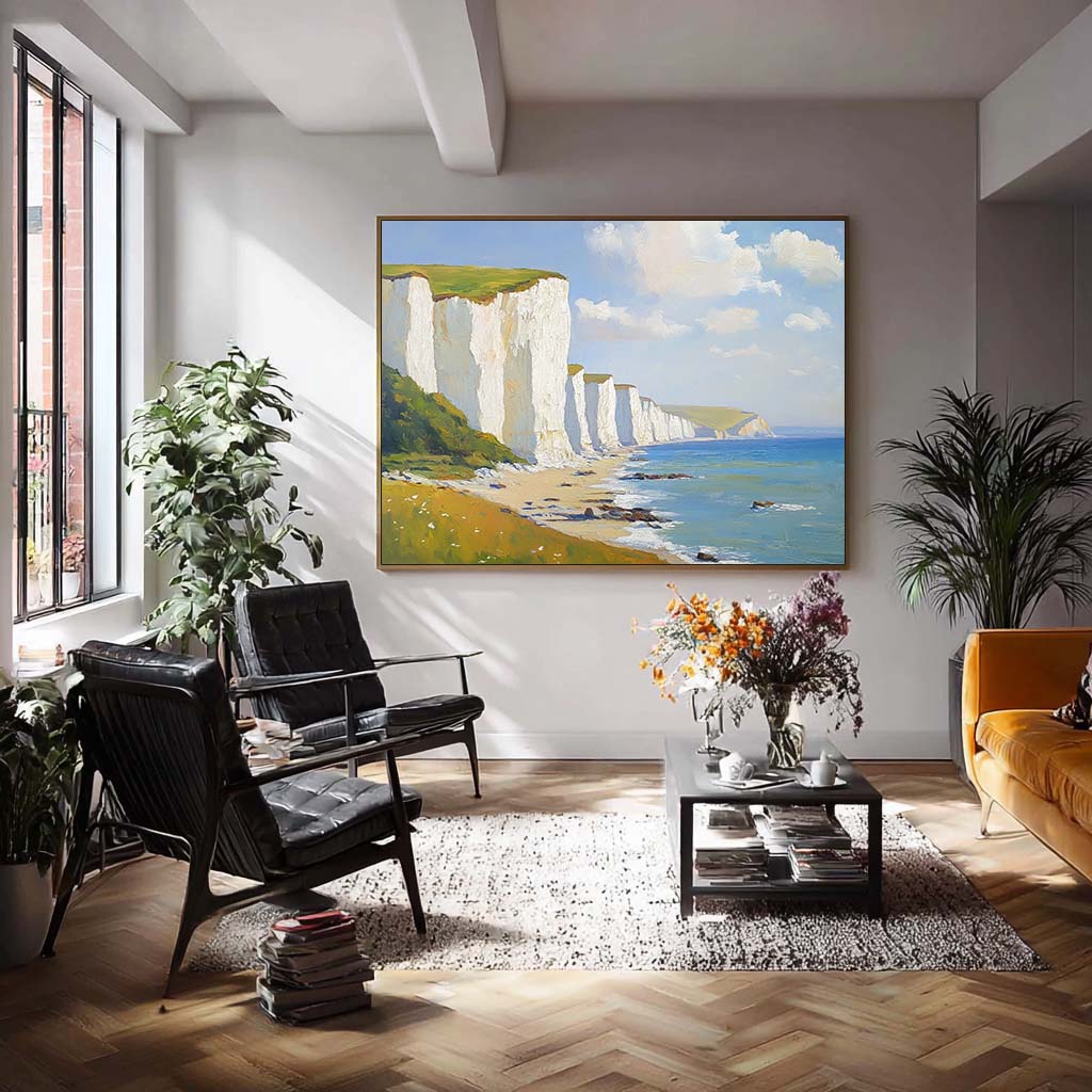 Abstract Tranquil Sea View Landscape White Cliffs And Coastal Scenery Painting Large Fresh Blues Wall Art