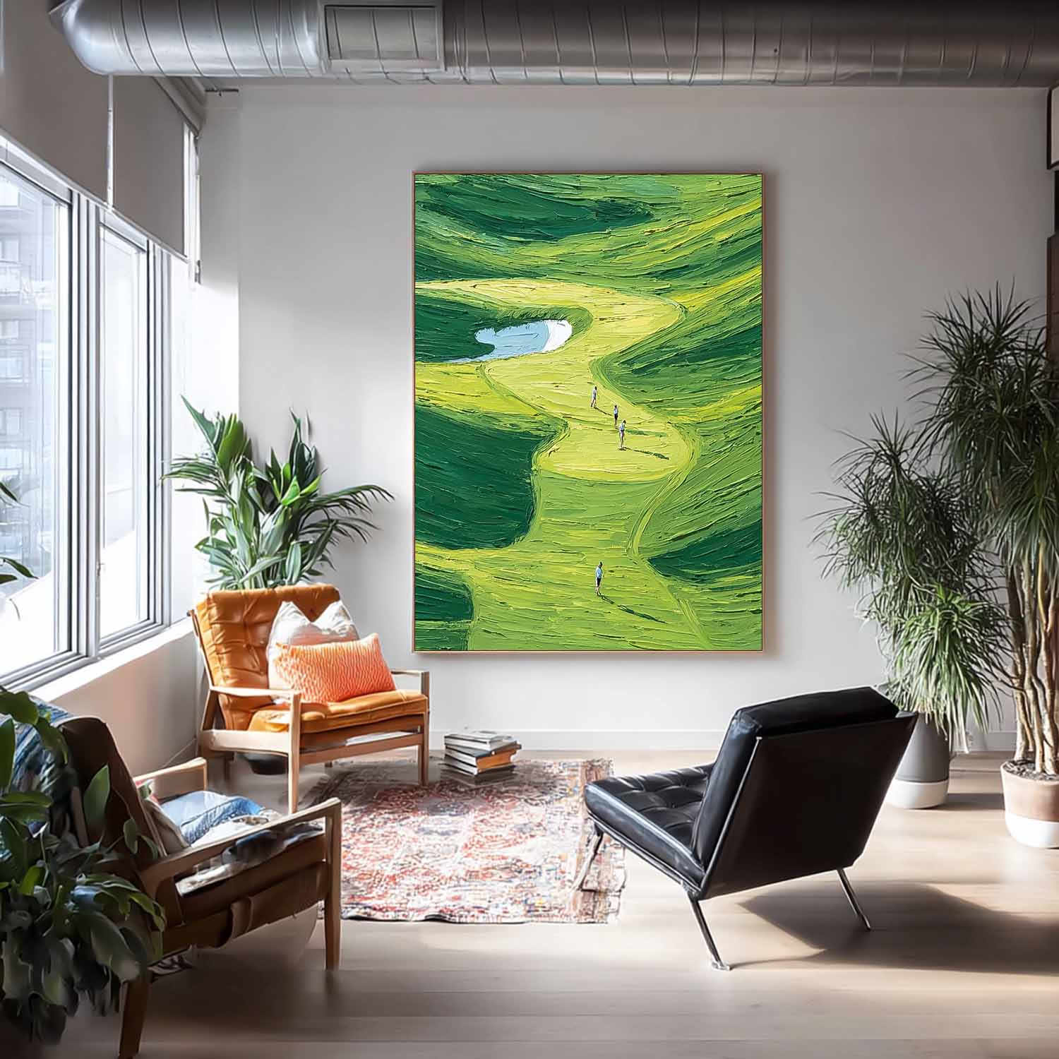 Large Green Hills Full Of Life Wall Art Abstract Pedestrians Strolling Oil Painting Canvas Original Artwork 