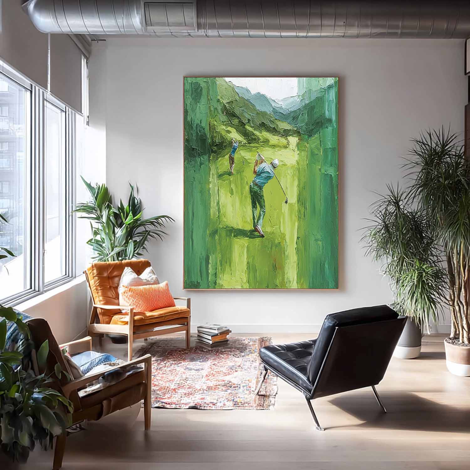 Large Green Hills Full Of Life Wall Art Abstract Golf Oil Painting Canvas Original People sports Artwork 