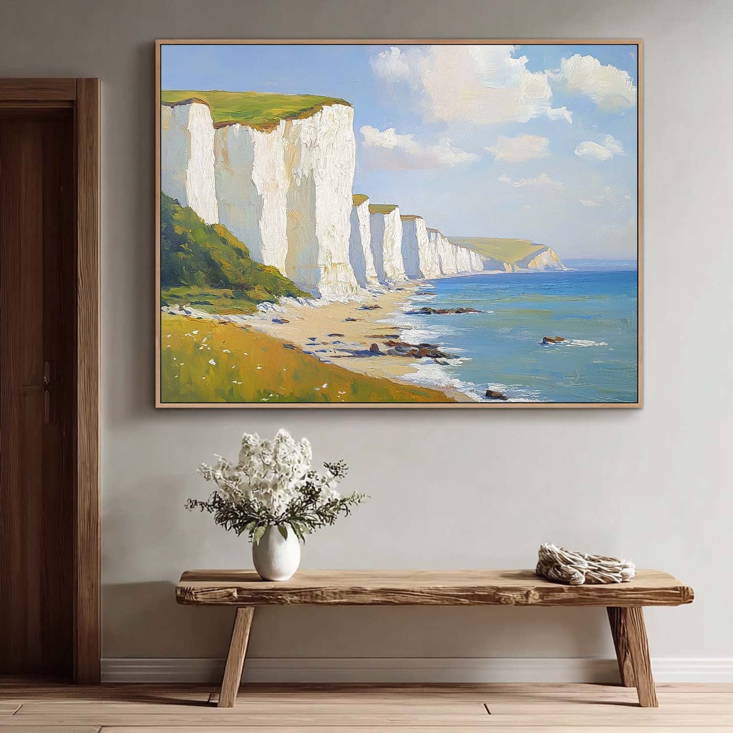 Abstract Tranquil Sea View Landscape White Cliffs And Coastal Scenery Painting Large Fresh Blues Wall Art
