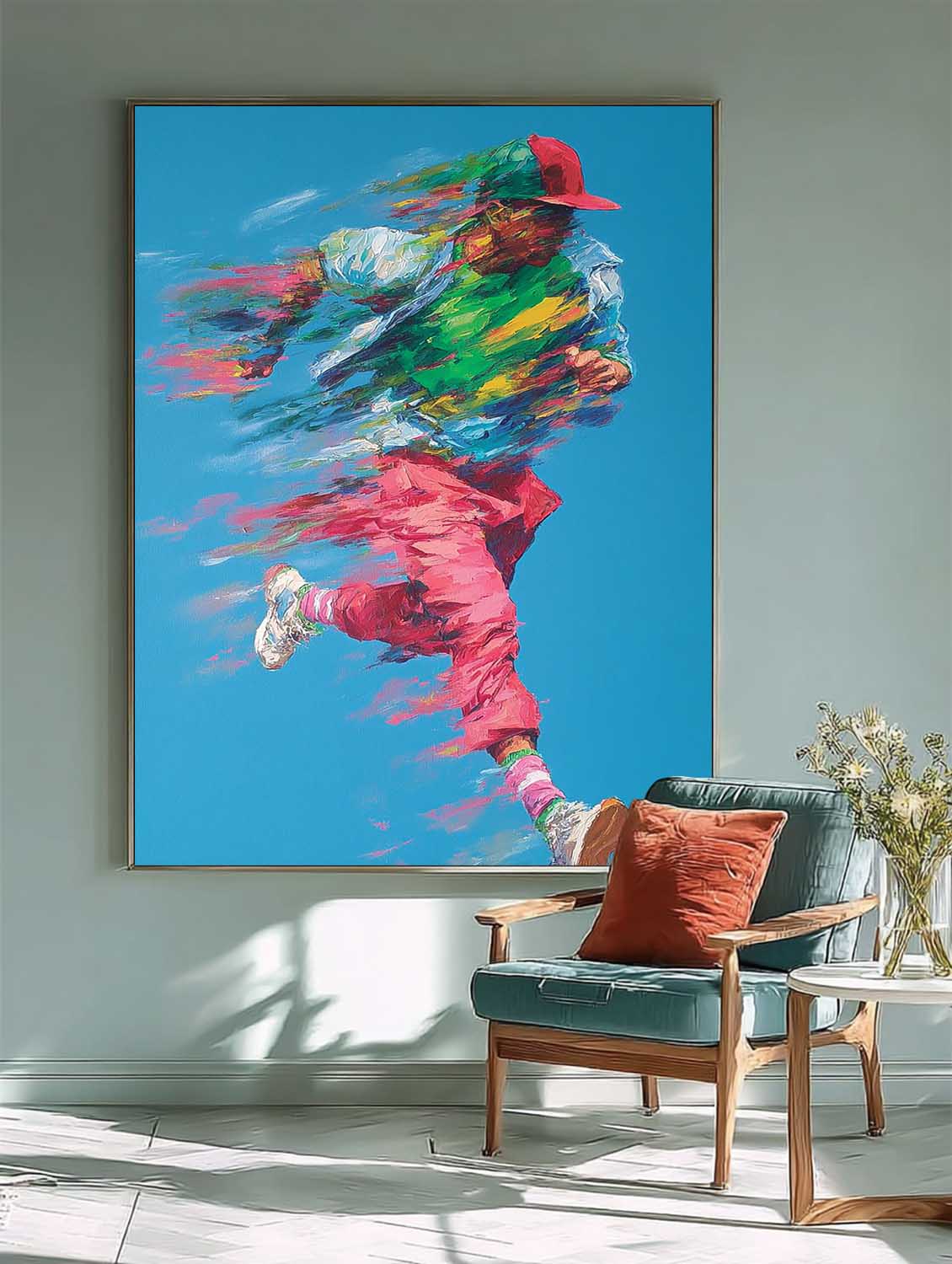 Dynamic Running Man Impasto Painting Energetic Sport Wall Art Abstract Motion Figure Colorful Urban Artwork