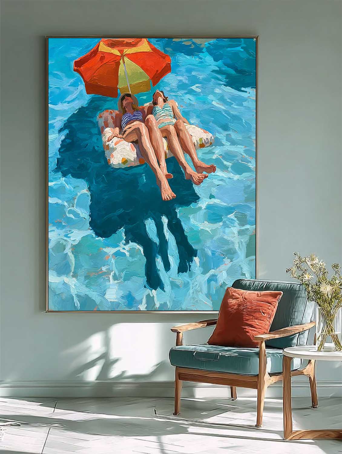 Original Diving Wall Art Abstract Lady playing In Water Oil Painting Canvas Modern Swimming Artwork