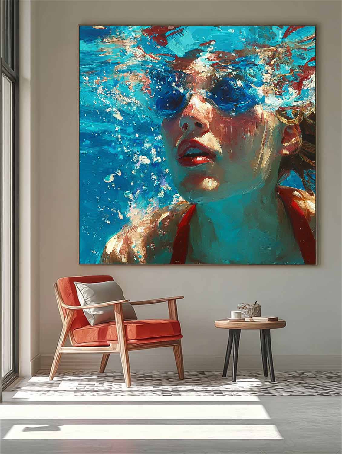 Original Woman swimming Wall Art Lady Artwork Square Diving In Ocean Girl Acrylic Painting Home Decor