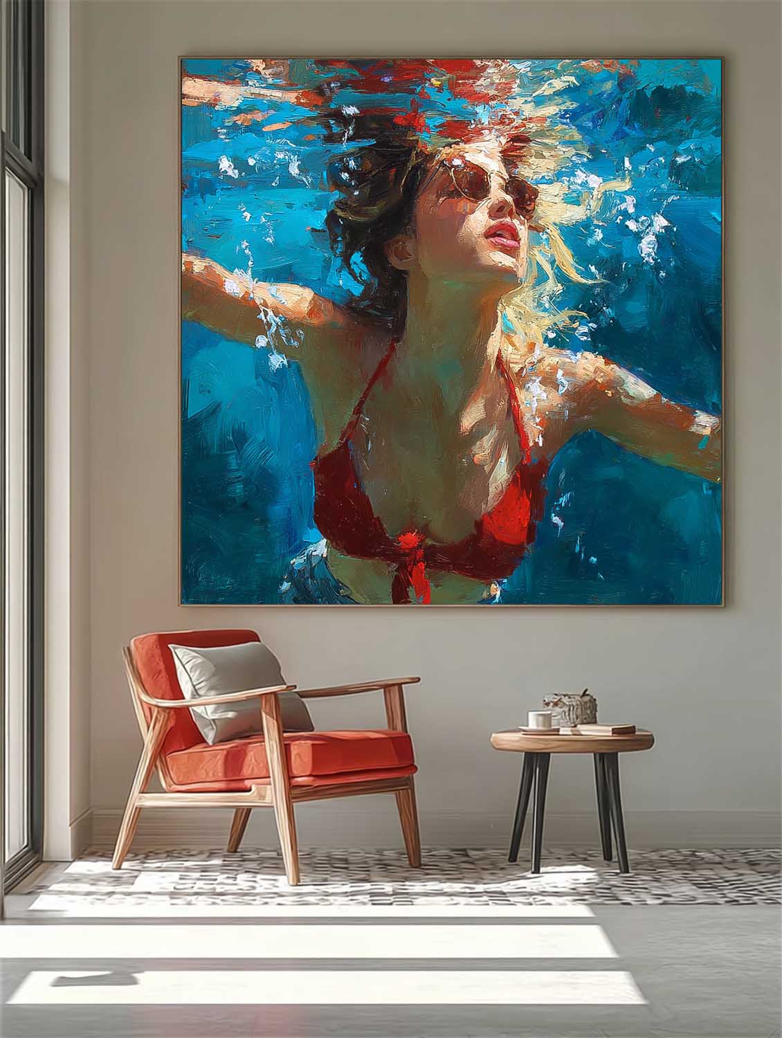 Lady Artwork Original Woman swimming Wall Art Square Diving In Ocean Girl Acrylic Painting Home Decor