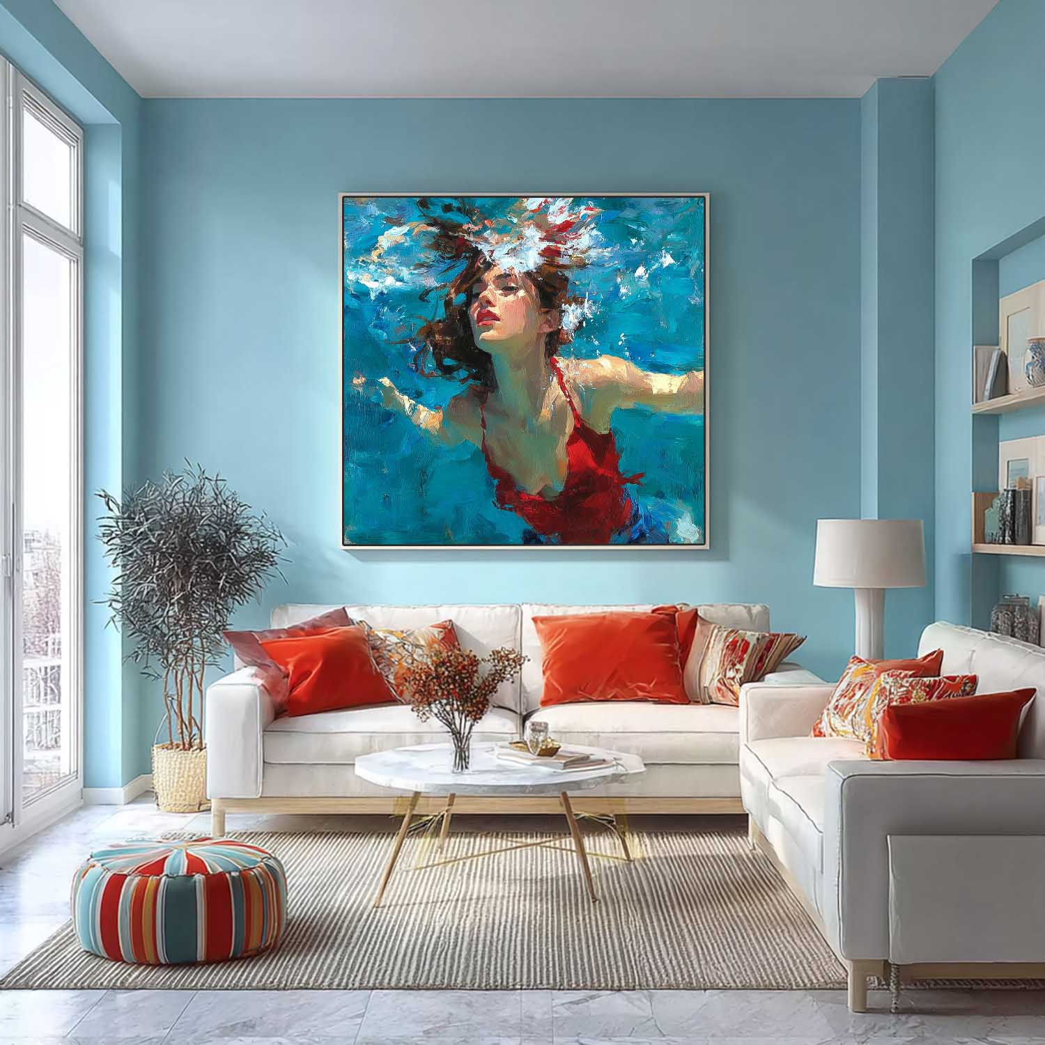 Lady Bright Red clothes Artwork Original Woman swimming Wall Art Square Diving In Ocean Girl Acrylic Painting
