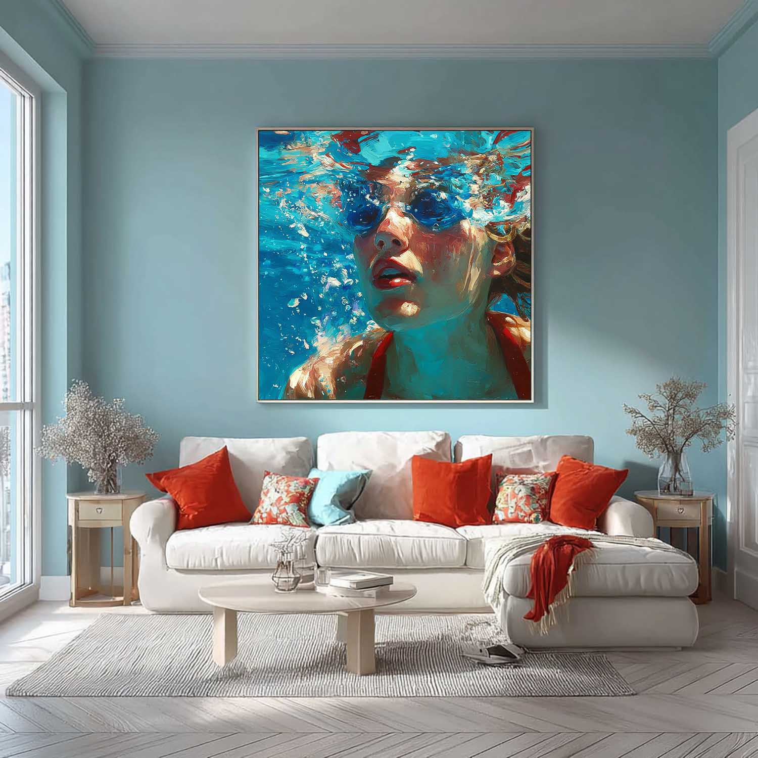 Original Woman swimming Wall Art Lady Artwork Square Diving In Ocean Girl Acrylic Painting Home Decor