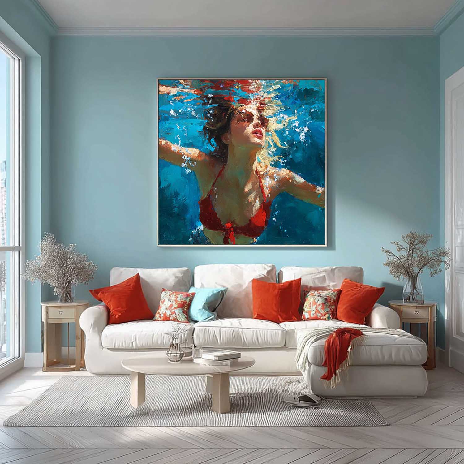 Lady Artwork Original Woman swimming Wall Art Square Diving In Ocean Girl Acrylic Painting Home Decor