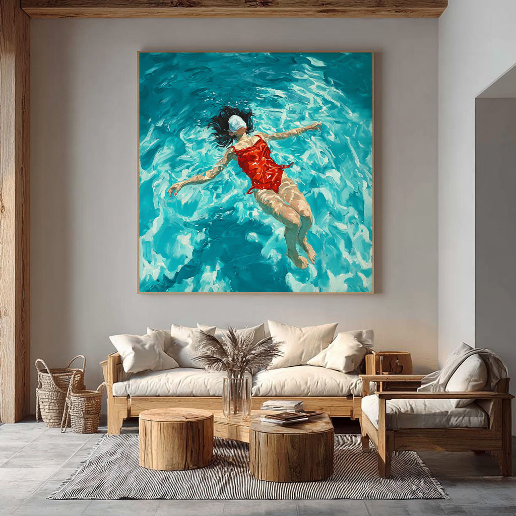 Square Diving In Ocean Sensual Woman Acrylic Painting Original Girl swimming Wall Art Pretty Lady Artwork