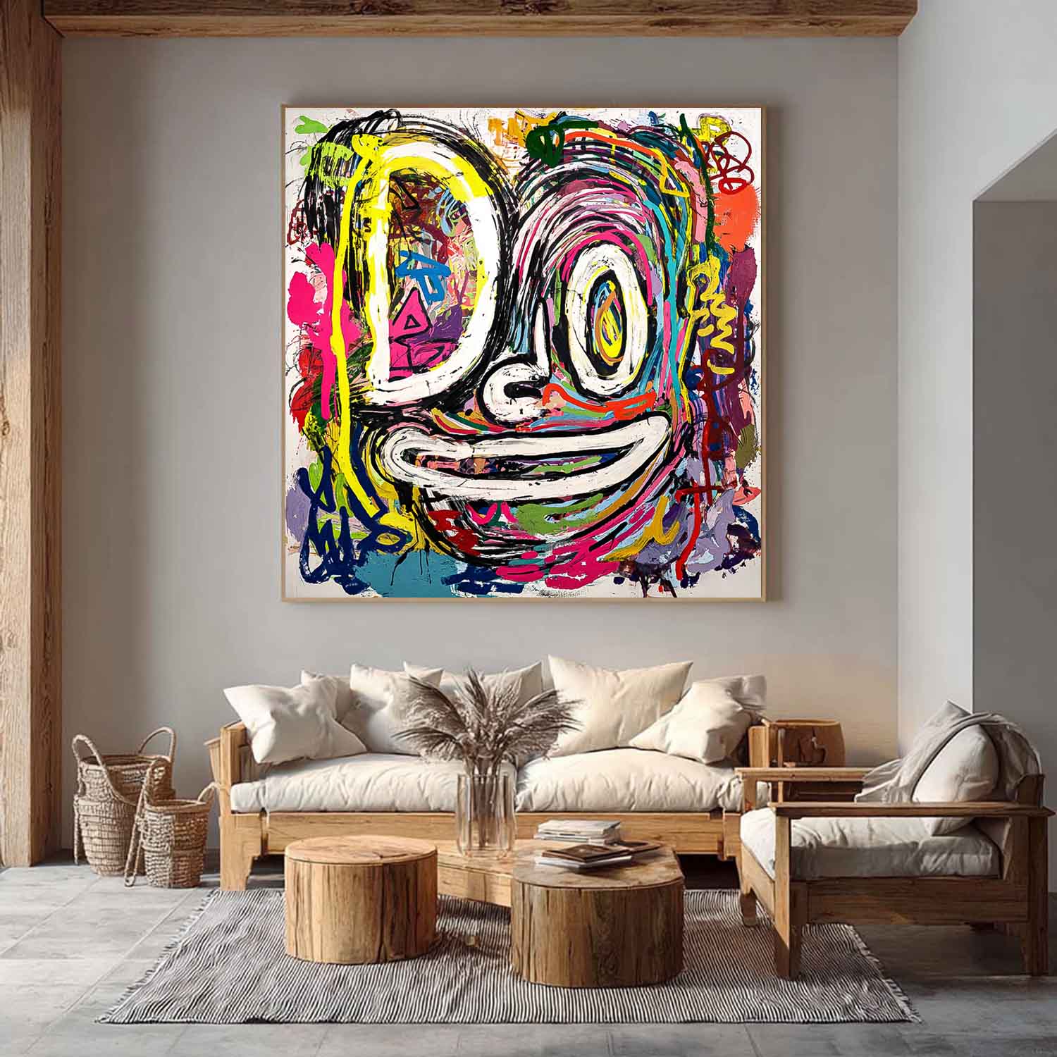 Abstract Portrait Oil Painting Large Graffiti Line Face Wall Art Original Colorful Face Painting On Canvas