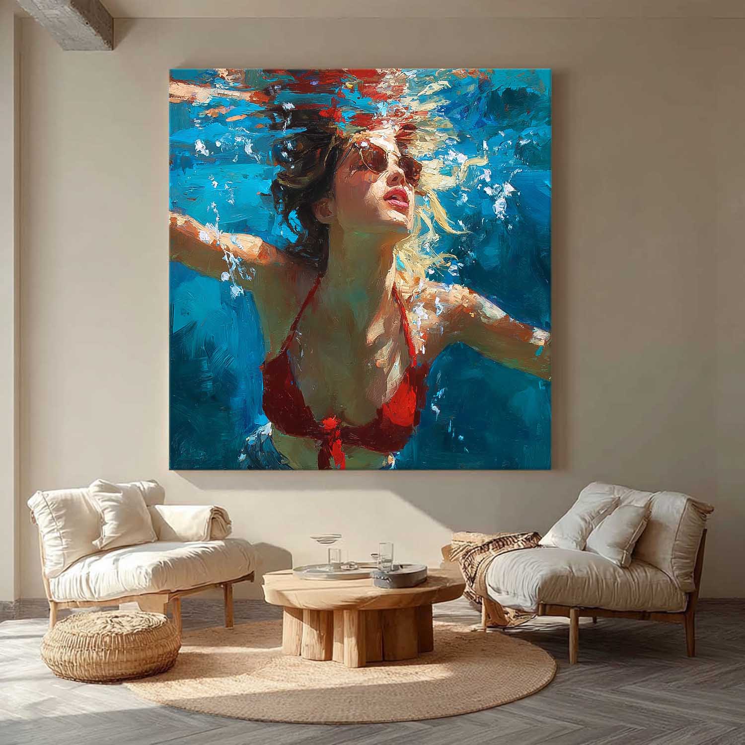 Lady Artwork Original Woman swimming Wall Art Square Diving In Ocean Girl Acrylic Painting Home Decor
