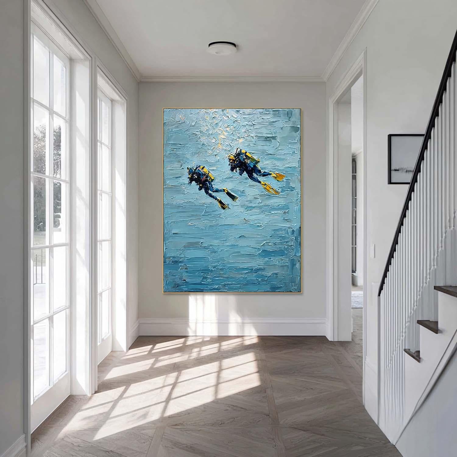 Blue Texture Painting Minimalist Diving Art Abstract Underwater Artwork Large Ocean Painting Diving Gifts 