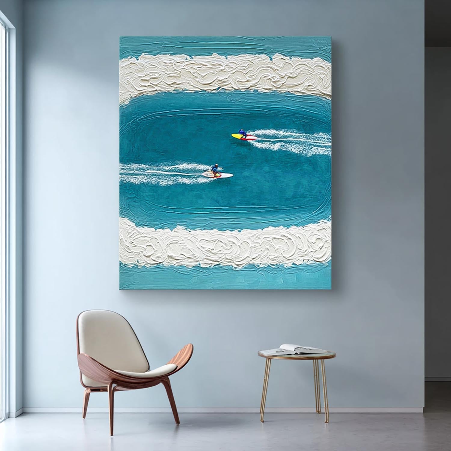 Abstract Surfer Landscape Blue Ocean Wall Art Minimalist Surfing Art Contemporary Ocean Painting Decor