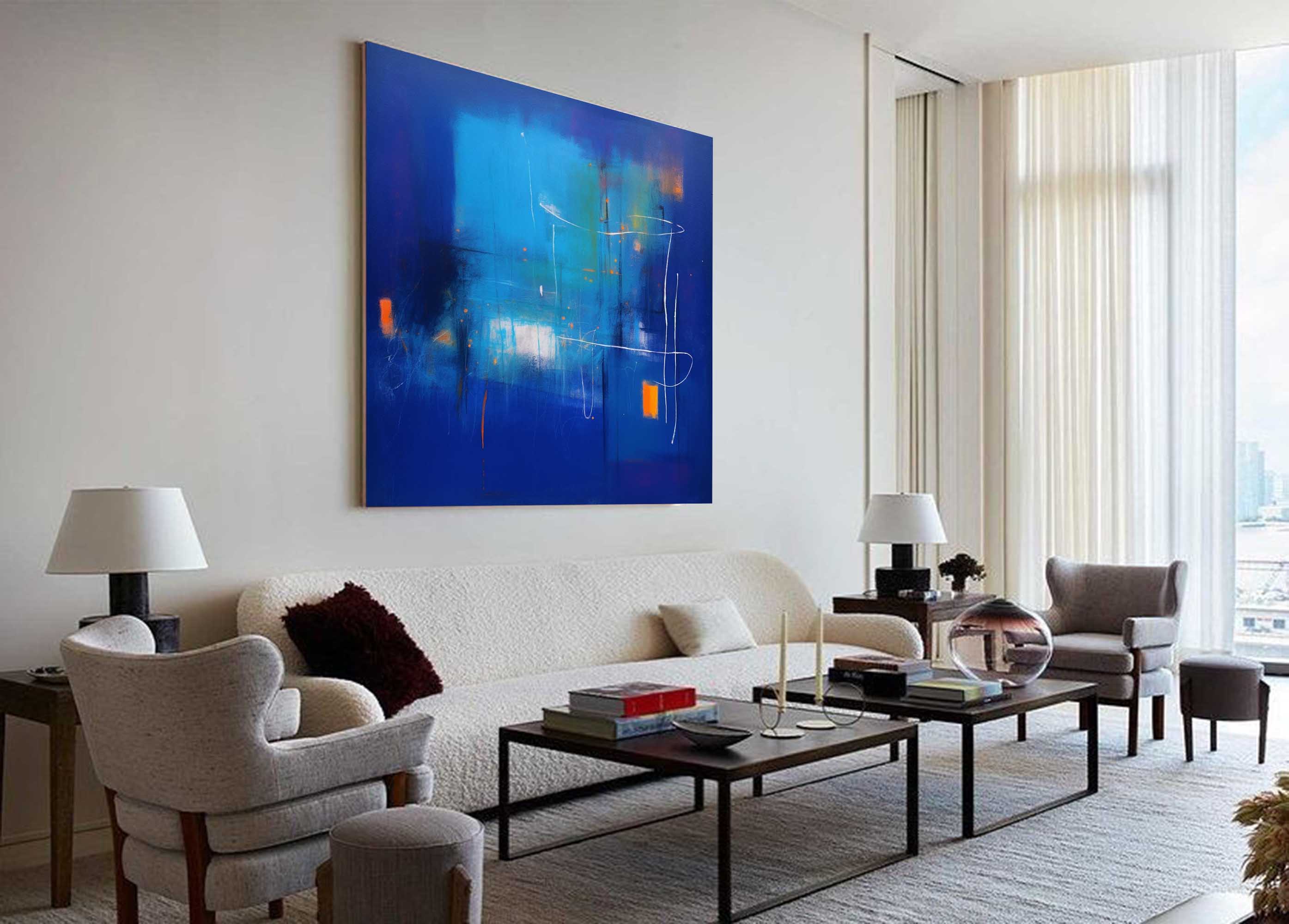 Large Bright Blue Square Graffiti Acrylic Painting Modern Original Wall Art Abstract Oil Painting Home Decor