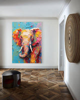 Impressionist Colorful Elephant Oil Painting Textured Canvas Wall Art Modern Animal Oil Painting Framed Living Room Decor
