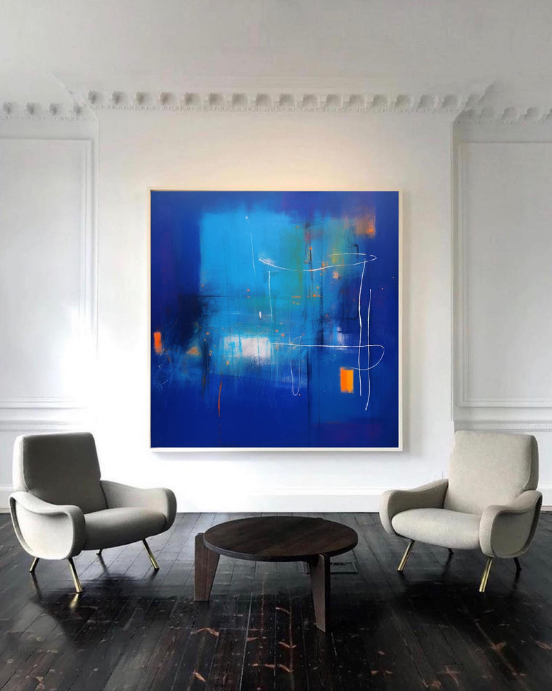 Large Bright Blue Square Graffiti Acrylic Painting Modern Original Wall Art Abstract Oil Painting Home Decor