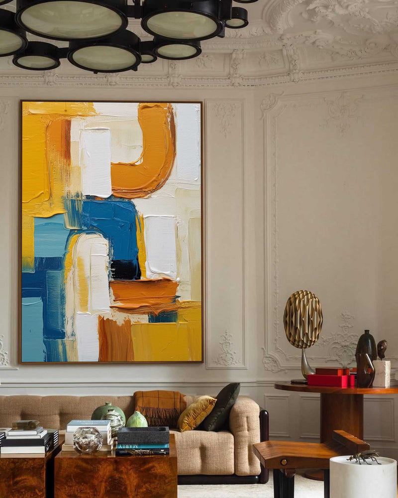 Large Textured Modern Abstract Wall Art Original Geometric Canvas Oil Painting Vibrant Yellow And Blue Acrylic Painting Living Room Decor