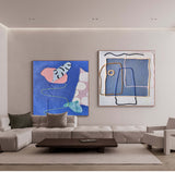 Set of 2 Large Abstract Modern Blue Square Original Oil Paintings On Canvas Graffiti Texture Wall Art Living Room Decor