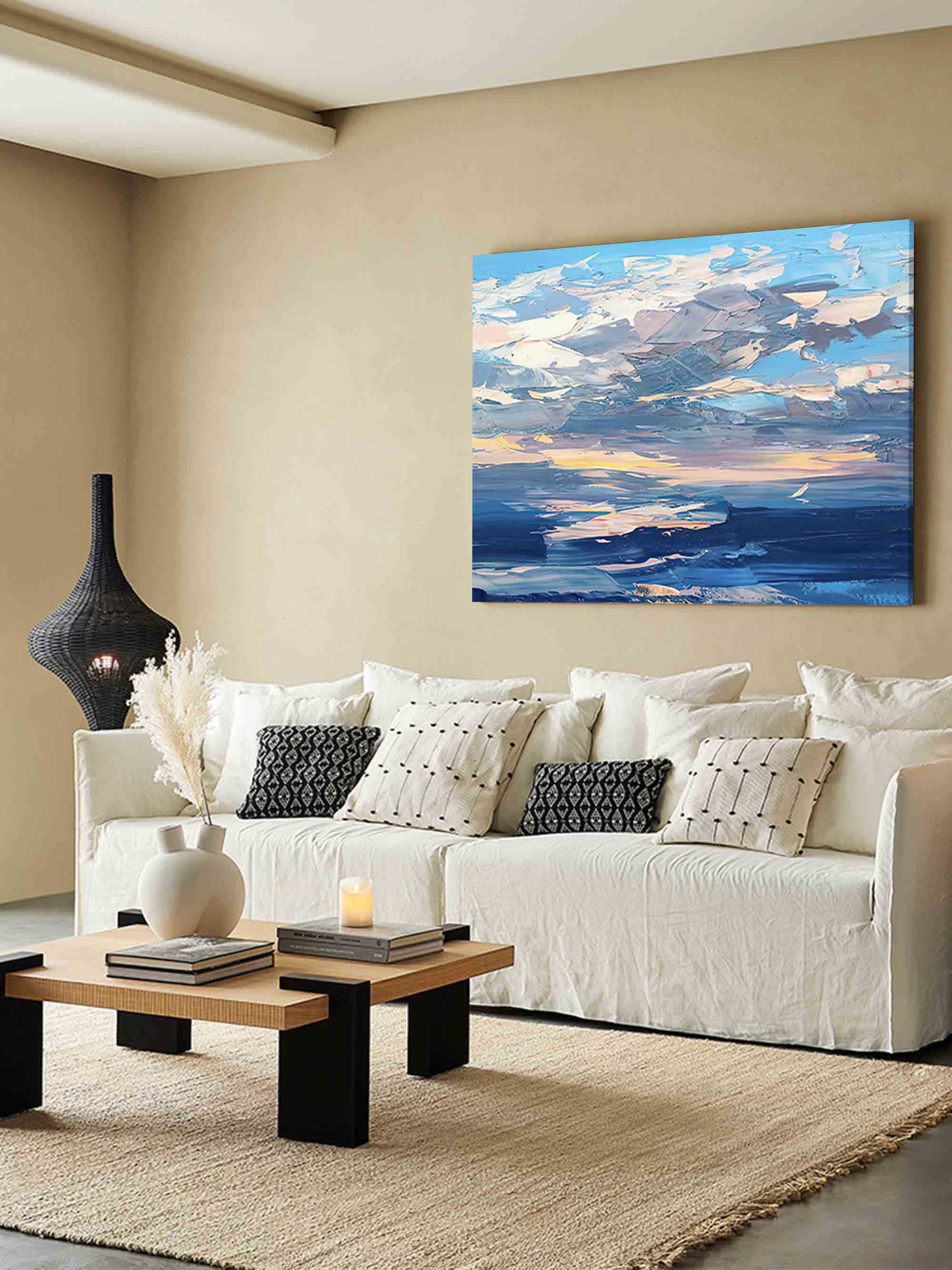 Clouds Oil Painting on Canvas Original Wall Art Abstract Blue Landscape Painting Home Decor