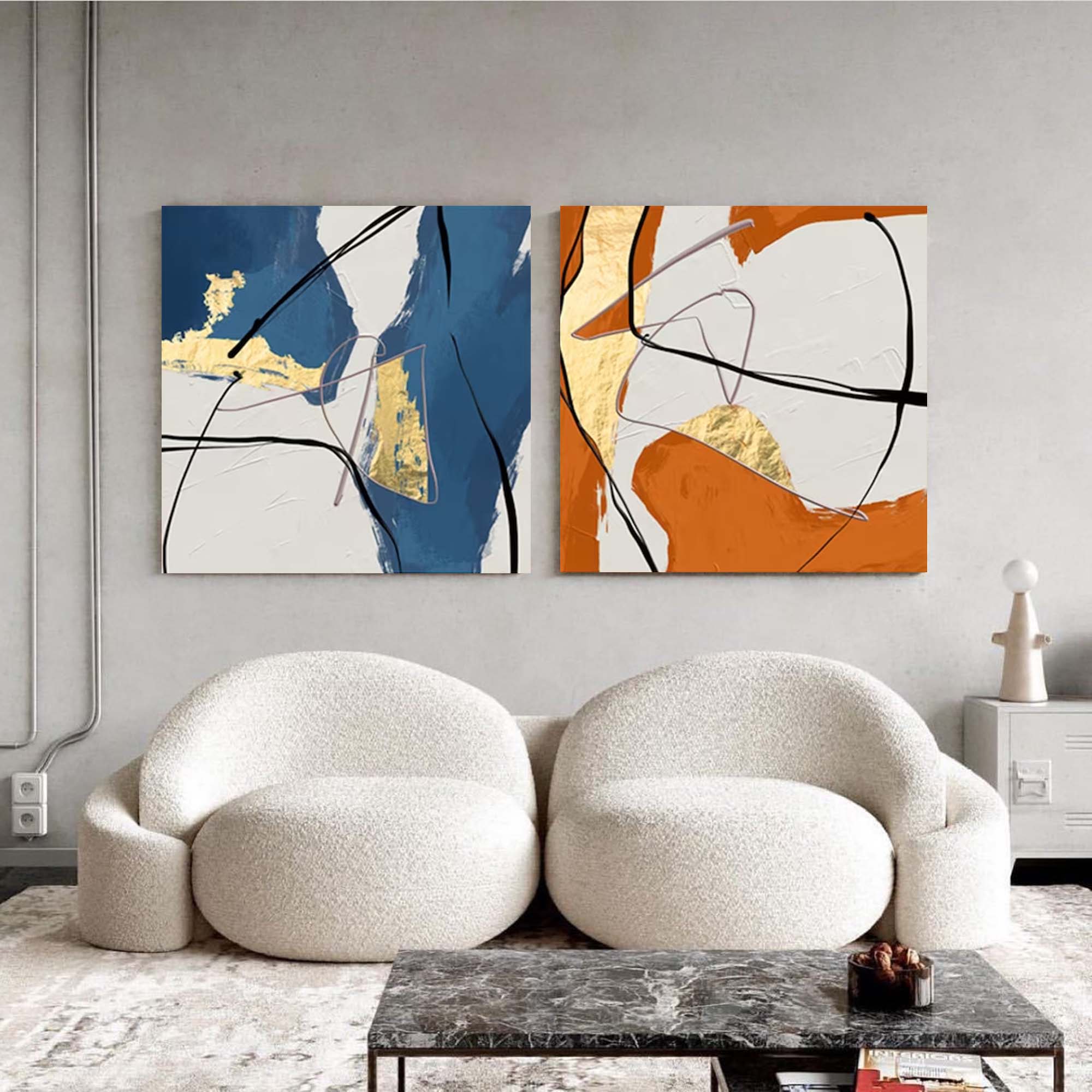 Set of 2 Large Abstract Modern Gold Blue Orange Square Colorful Original Oil Painting On Canvas Living Room