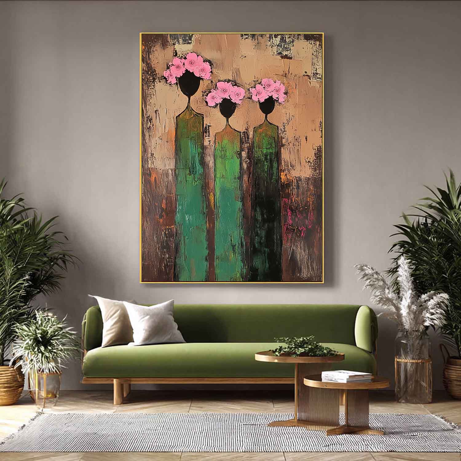 Abstract Simple Characters Artwork Original Retro Painting Pink And Green Modern People Silhouette Wall Art