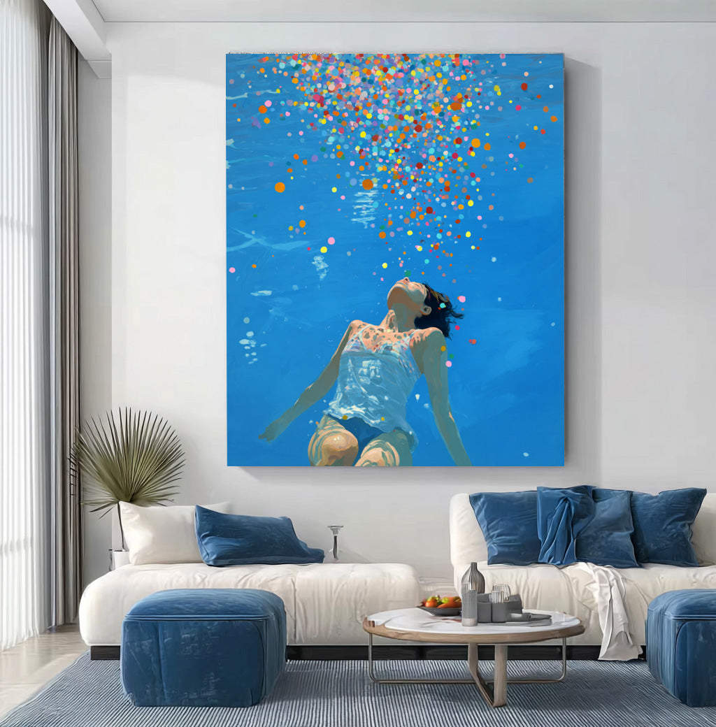 Blue Abstract Swimming Girl Wall Art Diving Oil painting Diving in Ocean Woman Handmade Canvas Artwork