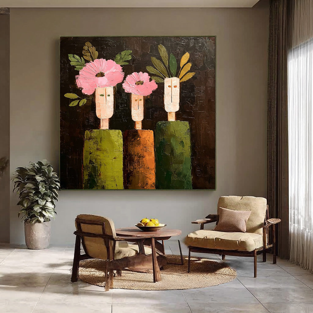 Modern Pink Flowers & Geometric Green Figures Contemporary Wall Art Abstract Floral Oil Painting Canvas