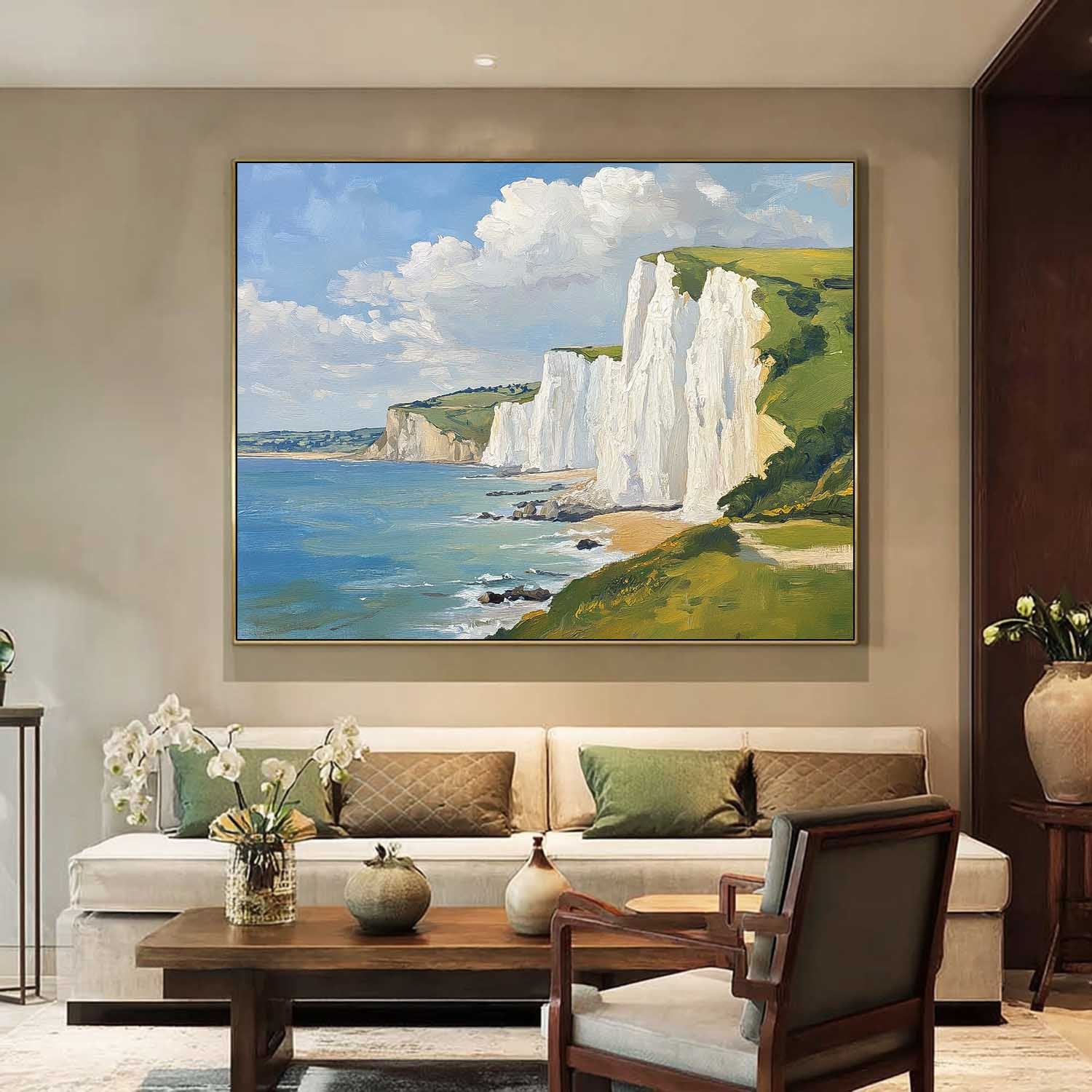 White Cliffs And Coastal Scenery Painting Abstract Tranquil Sea View Landscape Large Fresh Blues Wall Art