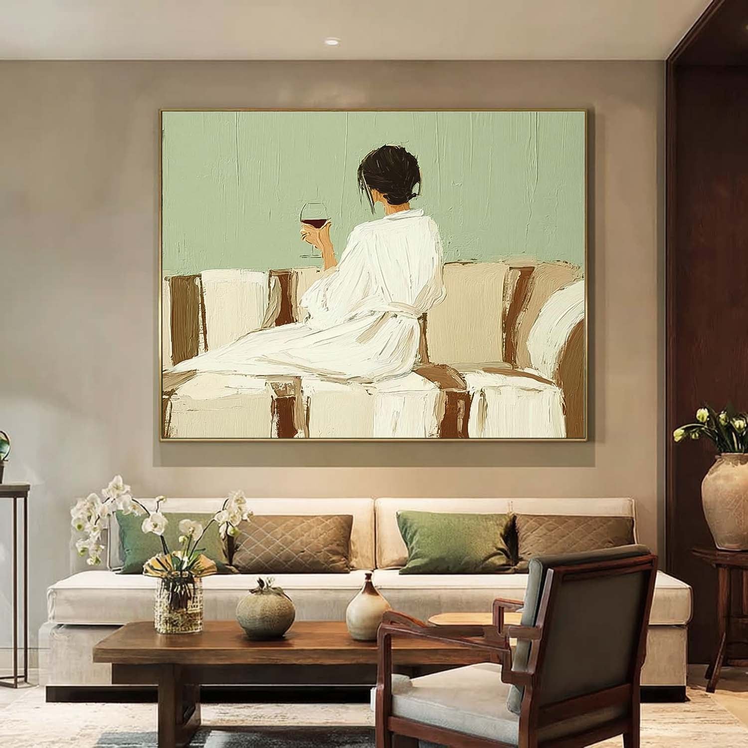 Abstract Lady Painting Canvas Figure Artwork Framed Original Wearing A Bathrobe Woman Wall Art