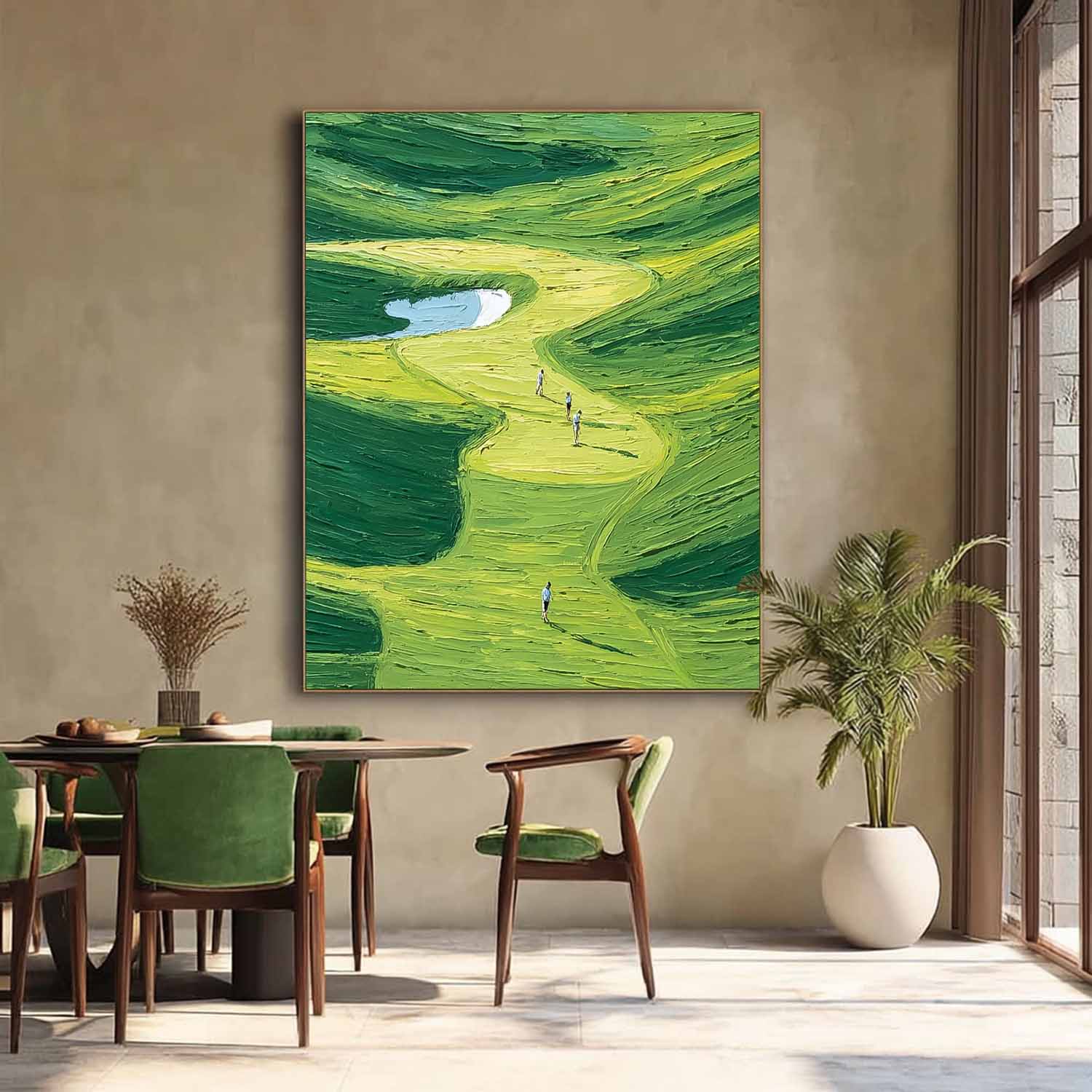 Large Green Hills Full Of Life Wall Art Abstract Pedestrians Strolling Oil Painting Canvas Original Artwork 