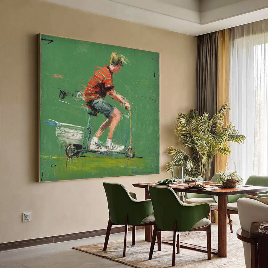 Minimalist Energetic Boy Riding A Scooter Painting Abstract Fashionable Street Style Original Green Wall Art