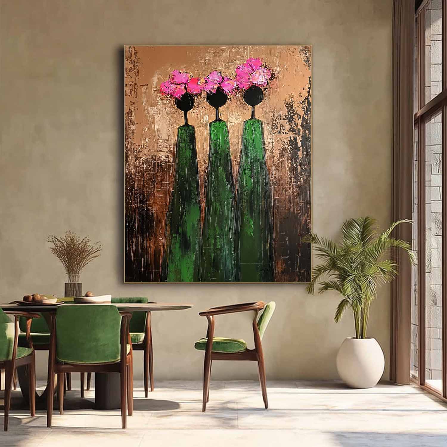 Pink And Green Modern People Silhouette Wall Art Original Retro Painting Abstract Simple Characters Artwork