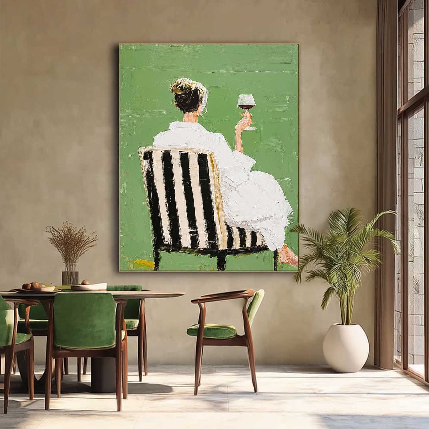 Retro Figure Artwork Abstract Lady Tasting Wine Oil Painting Canvas Original Beautiful Woman Wall Art