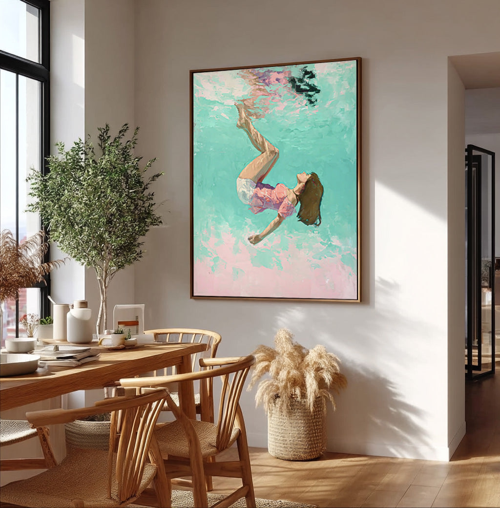 Green And Pink Diving In Ocean Woman Acrylic Painting Cute Lady Artwork Original Girl swimming Wall Art