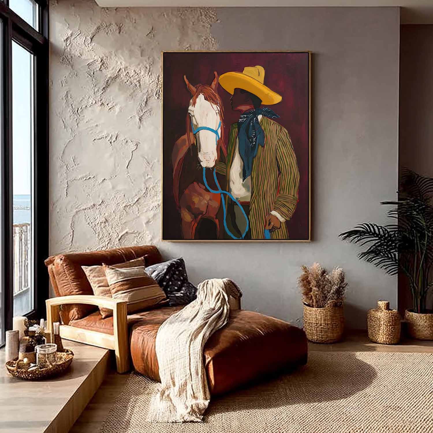 Vintage Cowboy With Horse Painting Retro Western Style Equestrian Wall Art Hand Painted Decor For Horse Lovers