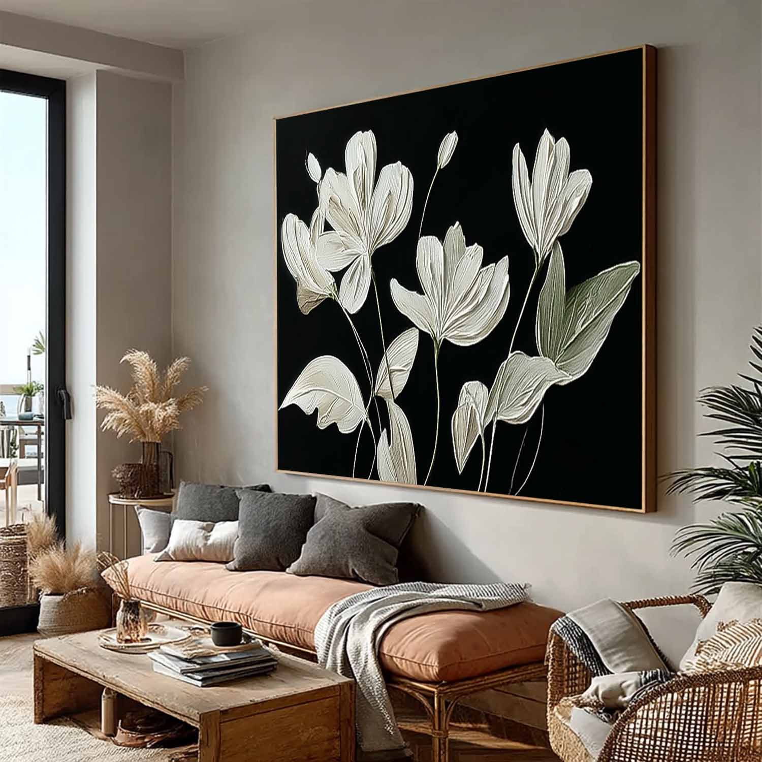 Original Black Abstract Oil Painting On Canvas Horizontal Flower Texture Artwork Home Decor Gift