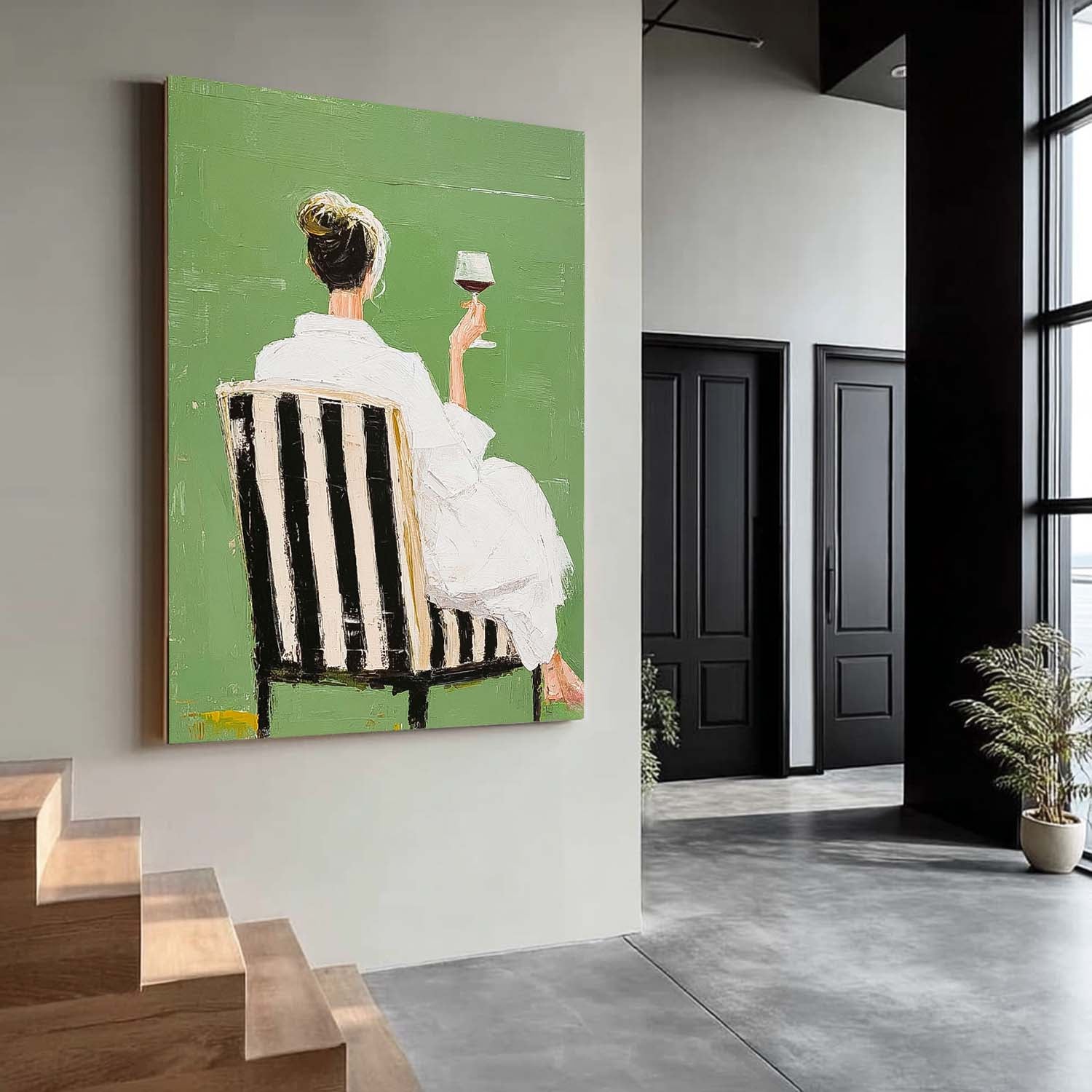 Retro Figure Artwork Abstract Lady Tasting Wine Oil Painting Canvas Original Beautiful Woman Wall Art