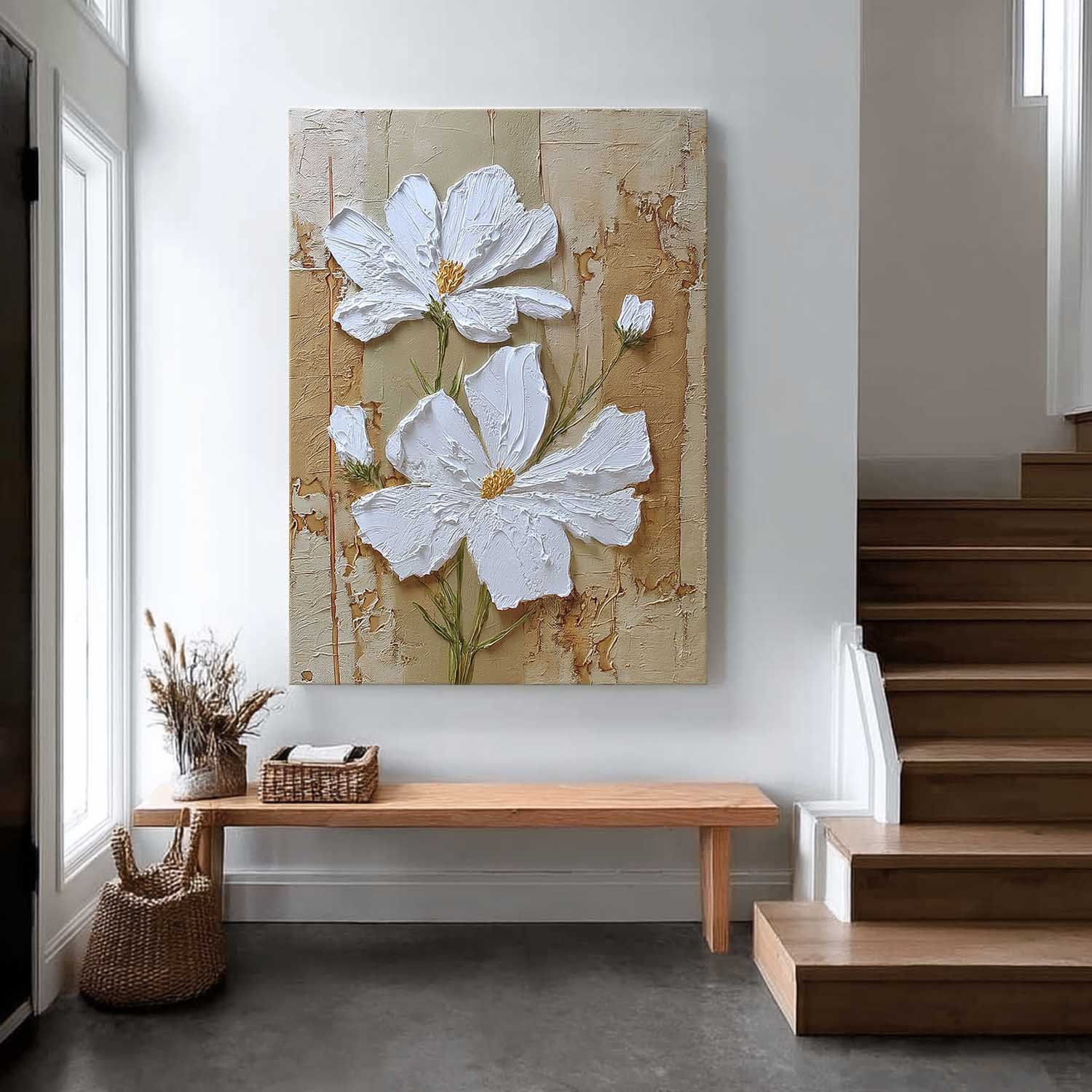 Large White Flower Abstract Oil Painting Canvas Texture Plant Wall Art Original Artwork Home Decor