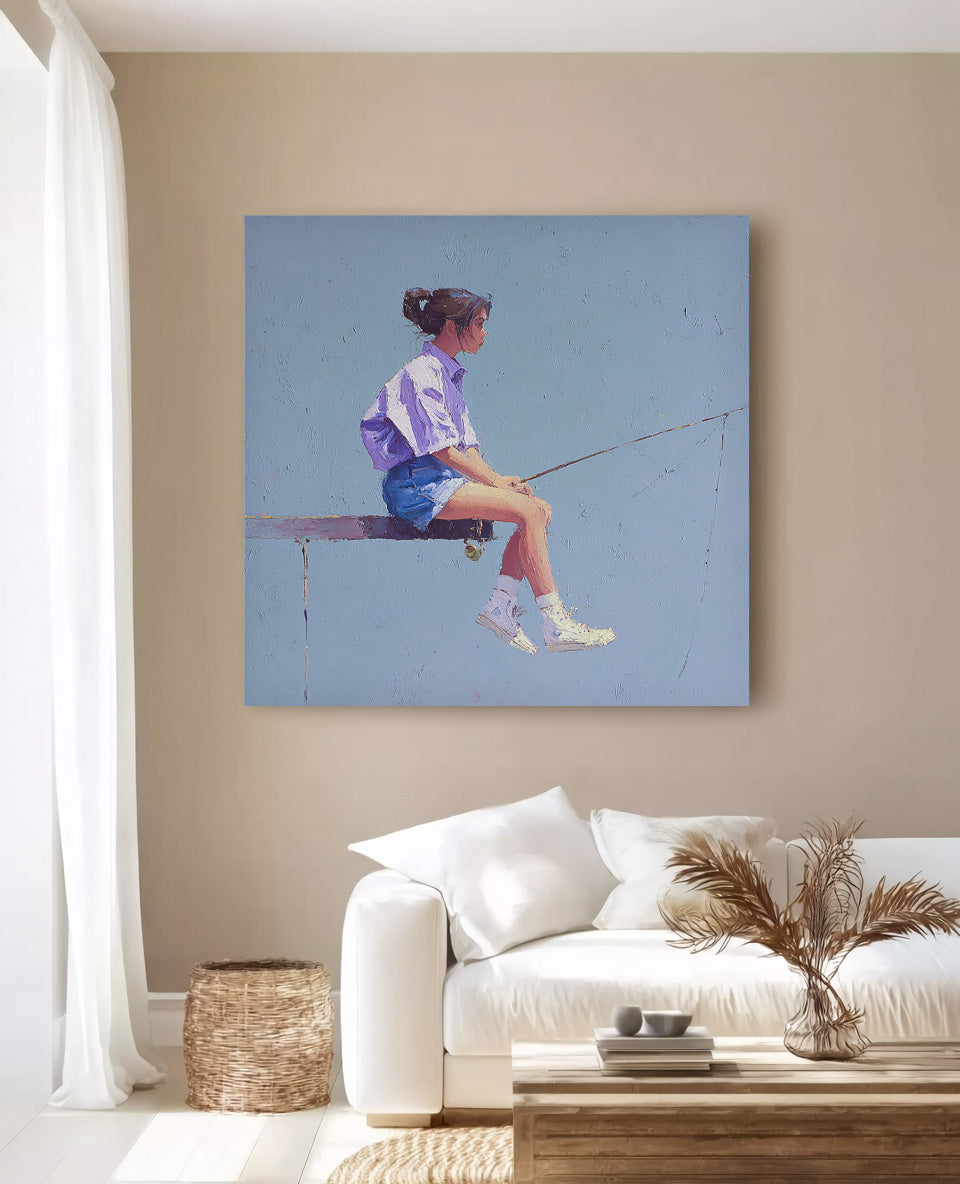 Minimalist Girl Fishing Painting Abstract Warm atmosphere Art Original Blue Wall Art For Living Room